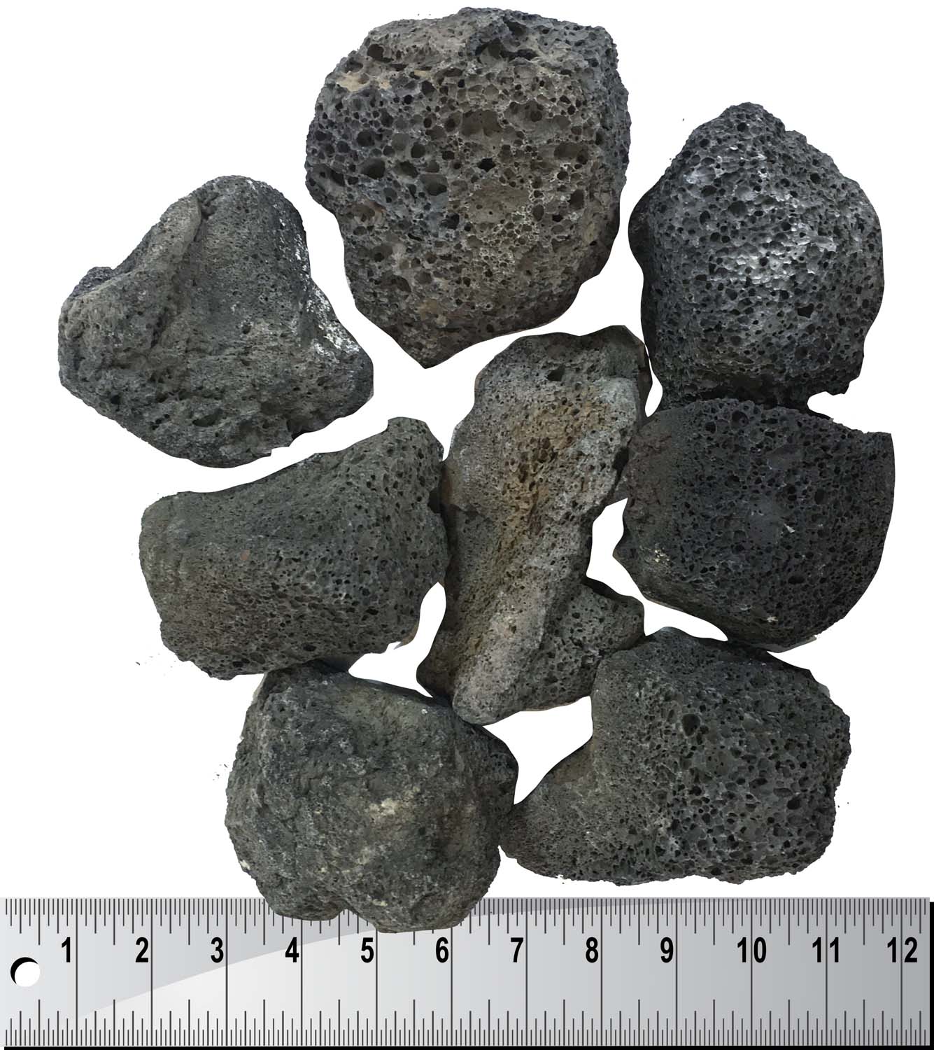 Lava rock boulders, dark gray porous stones with rough texture and varied sizes