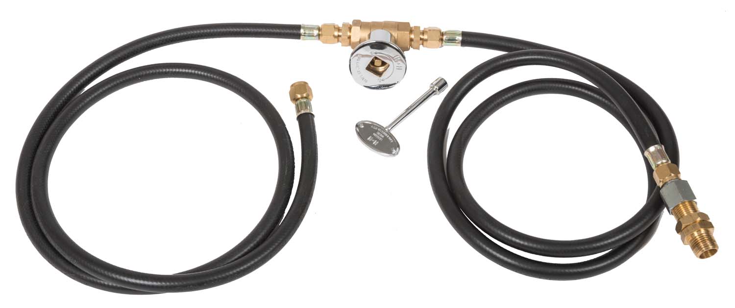 Natural gas conversion kit with black hoses, brass fittings, and shutoff valve