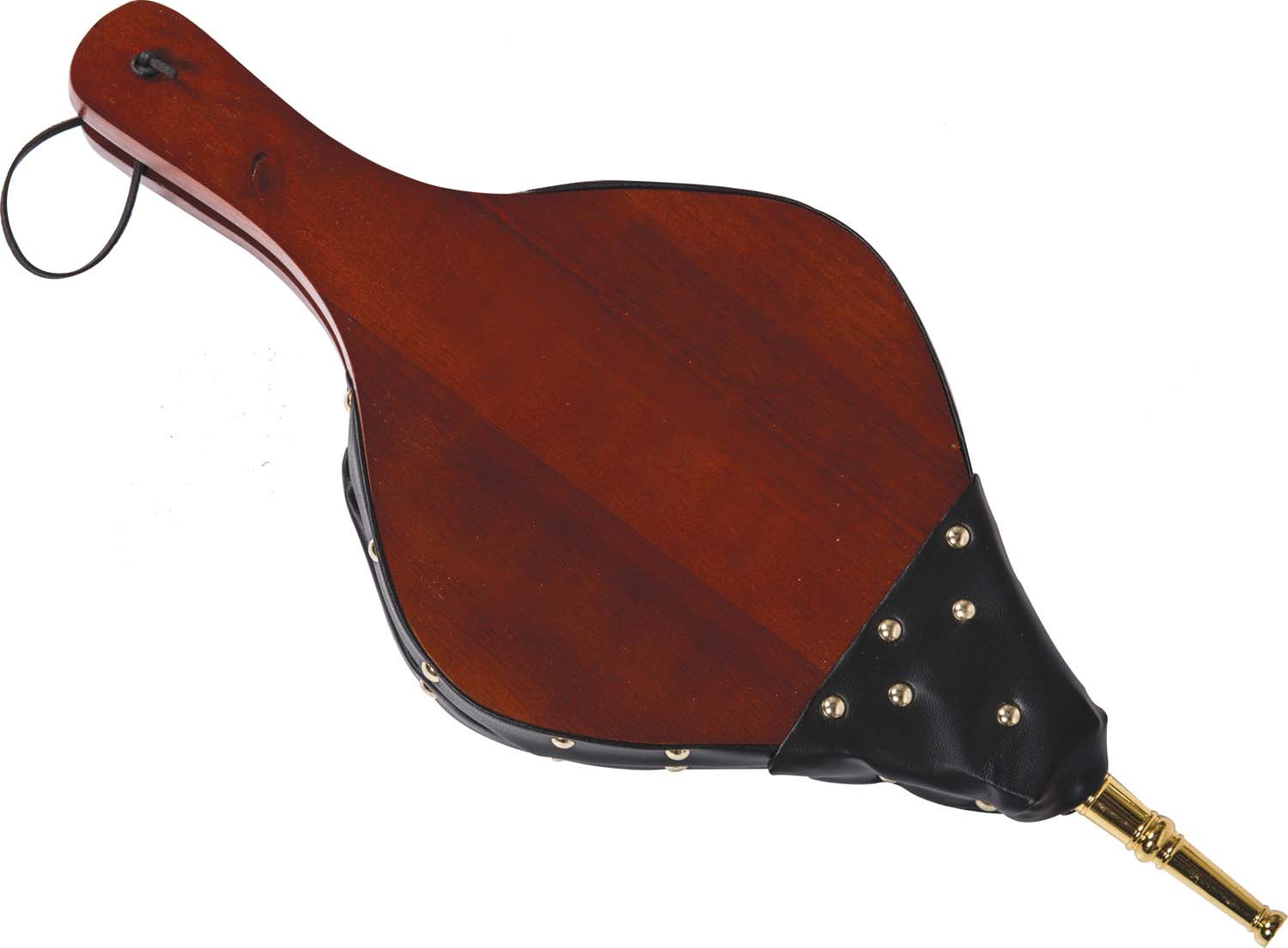 Leather bellow with dark wood body, black base, and brass nozzle, 18 in