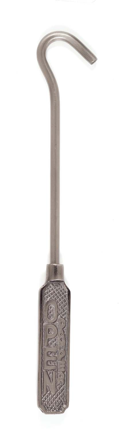 Damper hook with curved L end and engraved handle, metallic gray