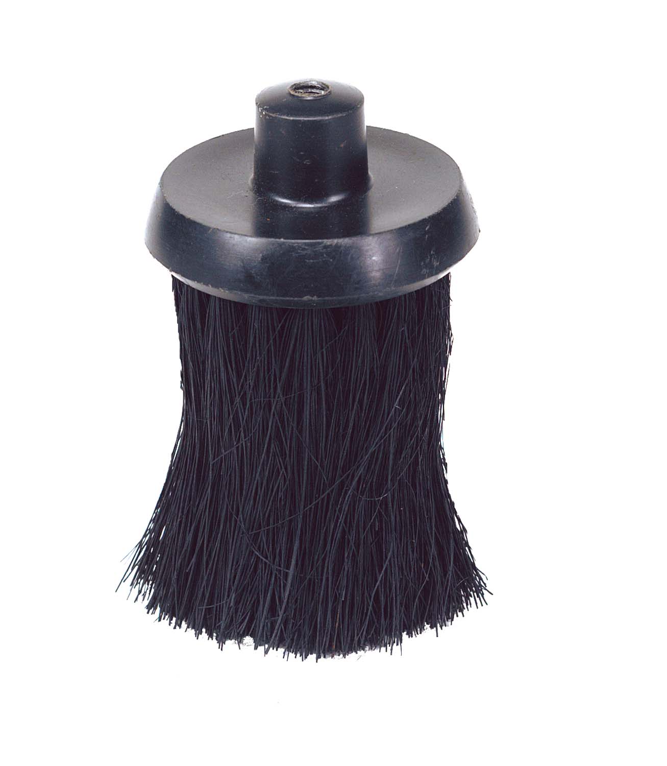Round replacement brush head with dark bristles and central mounting stem