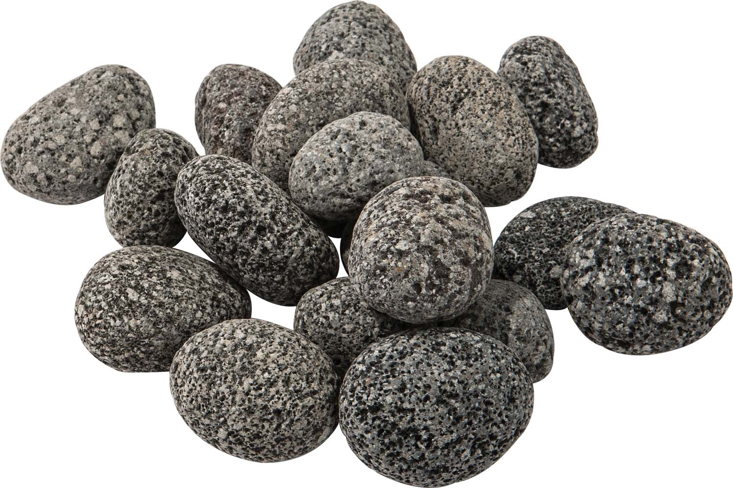 Rolled lava rock stones, dark gray speckled texture, assorted shapes