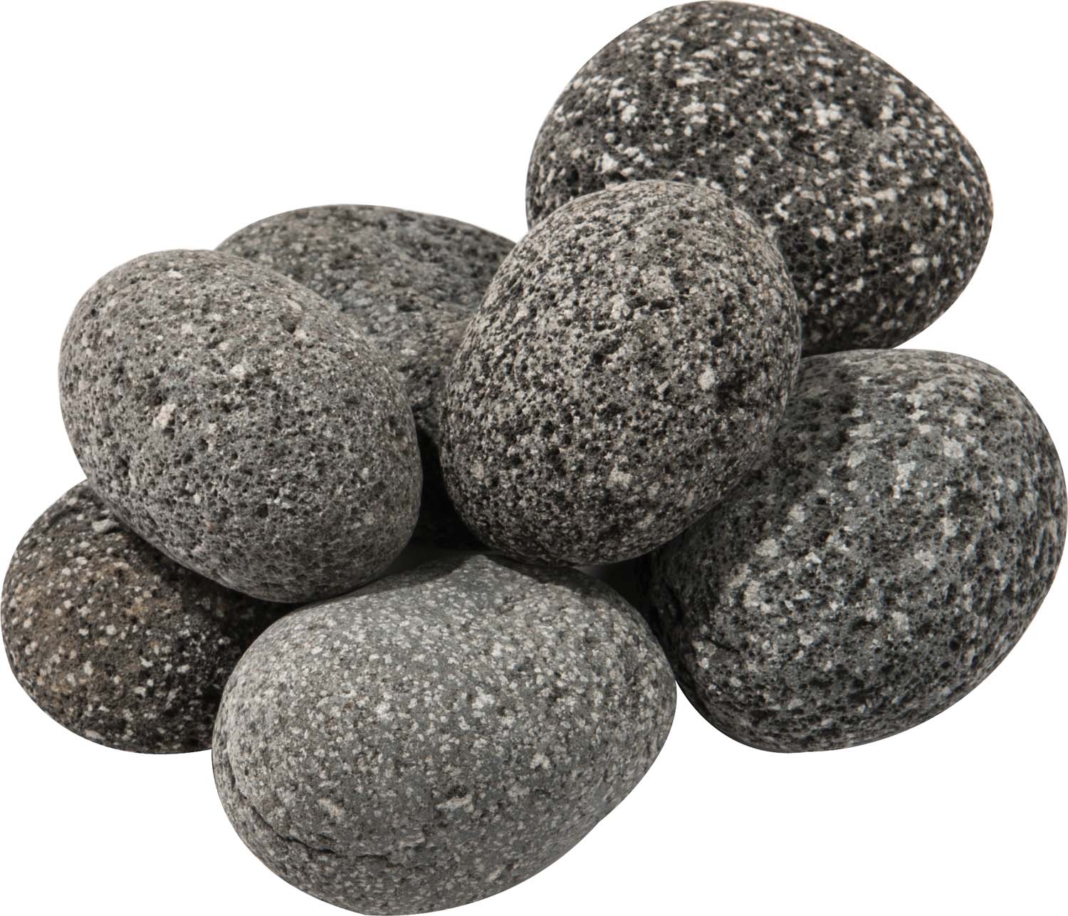 Rolled lava rocks, gray speckled, smooth rounded stones