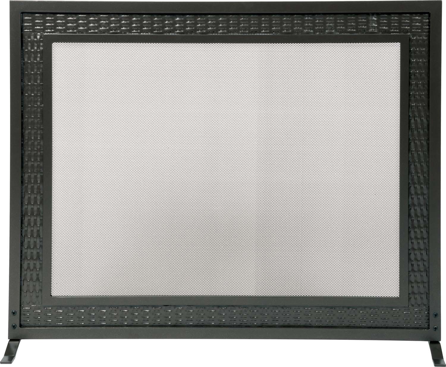 Rectangular fireplace screen with dark woven metal frame and plain mesh panel