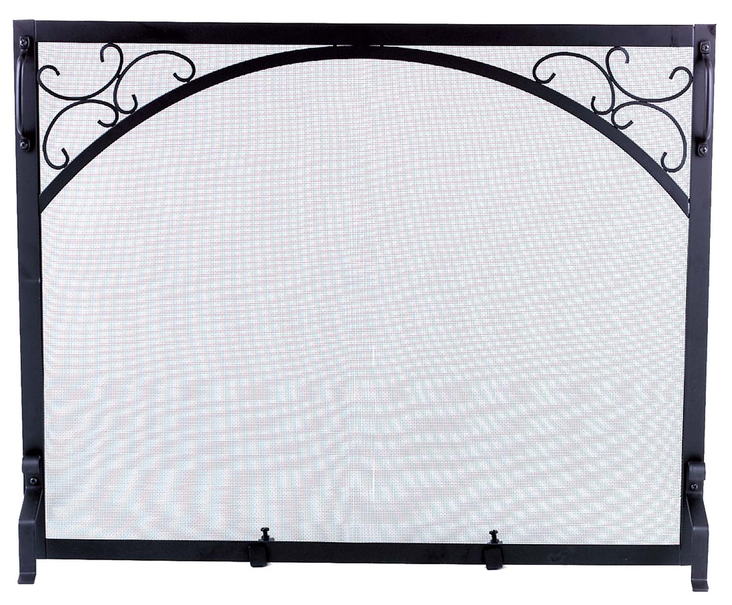 Black wrought iron fireplace screen with arched scrollwork frame and mesh panel
