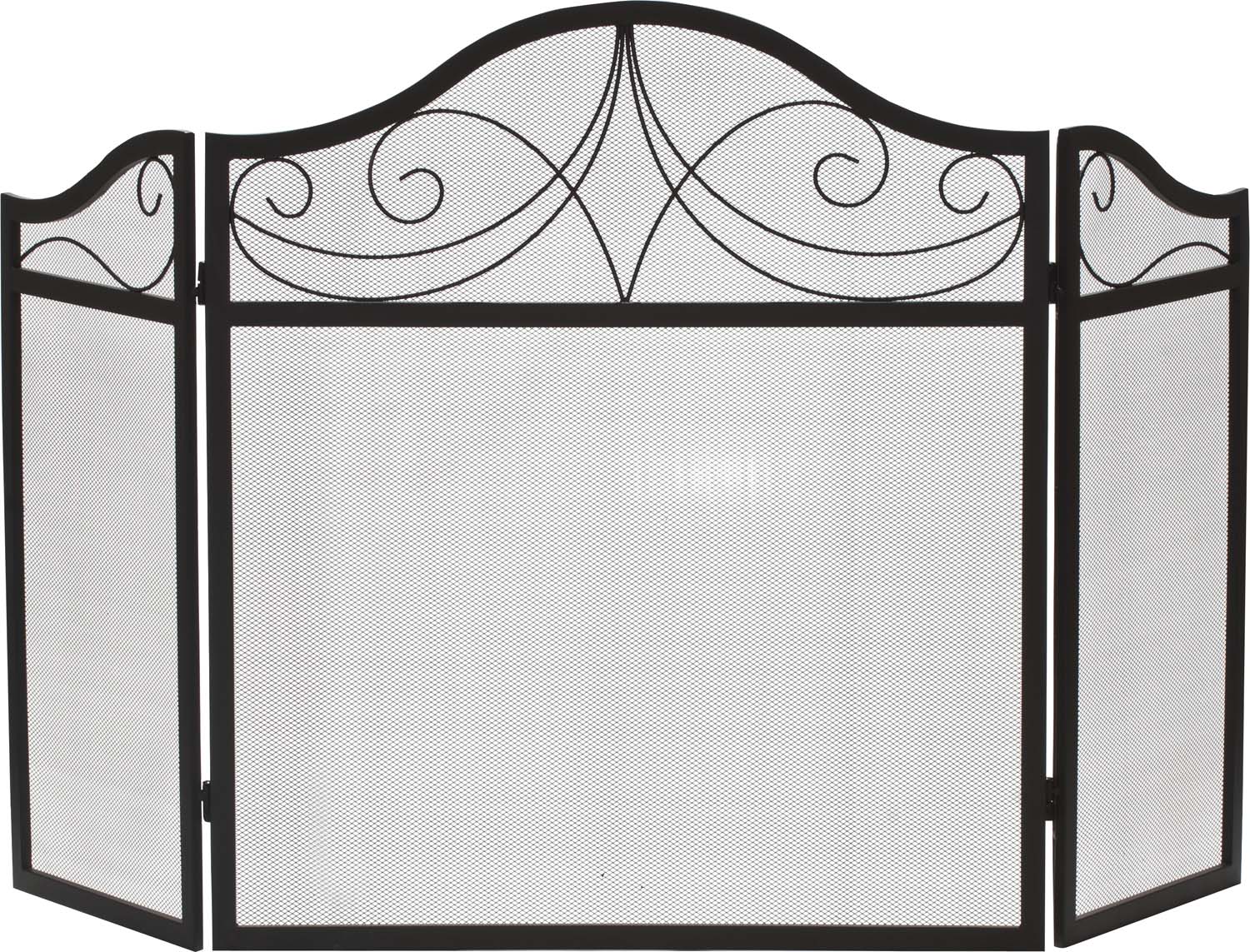 Black wrought iron arched three-panel fireplace screen with decorative scrollwork and mesh center