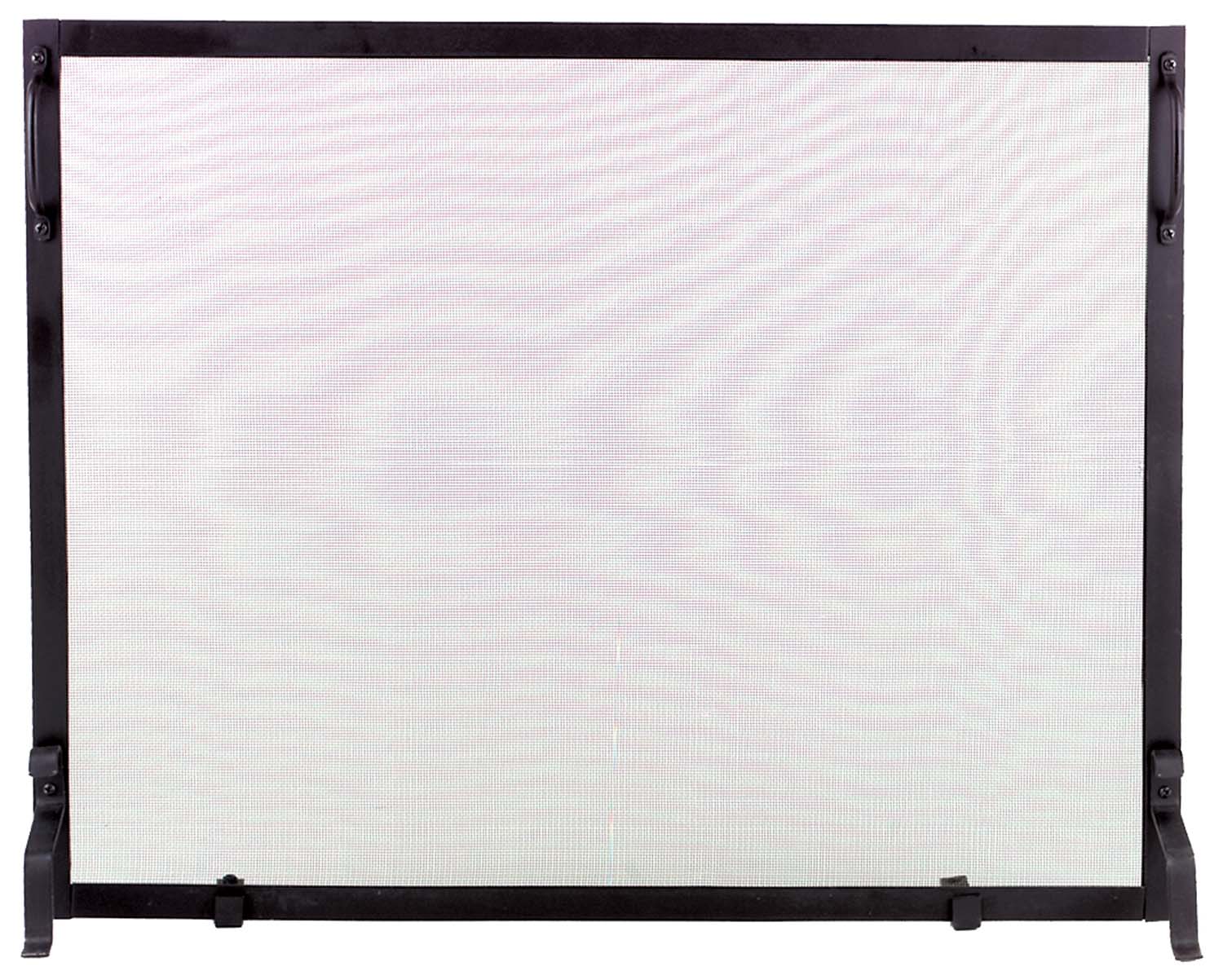 Black wrought iron fireplace screen with rectangular mesh panel, 44x34 in