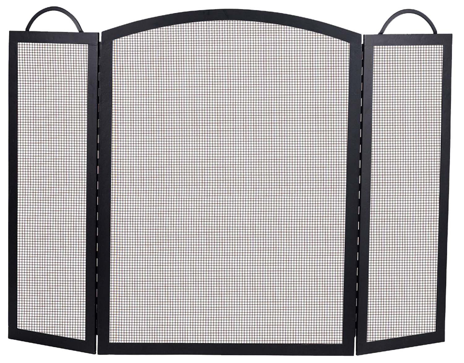 Three-fold arched fireplace screen with black frame and mesh panels