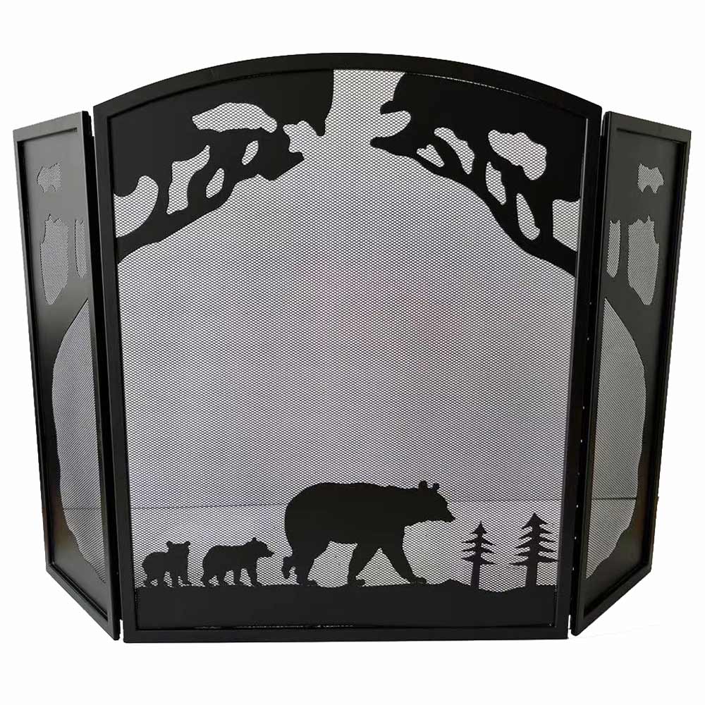 Dagan Wrought Iron Arched Three Fold Fireplace Screen with Bear Design, 50x32.75-Inches