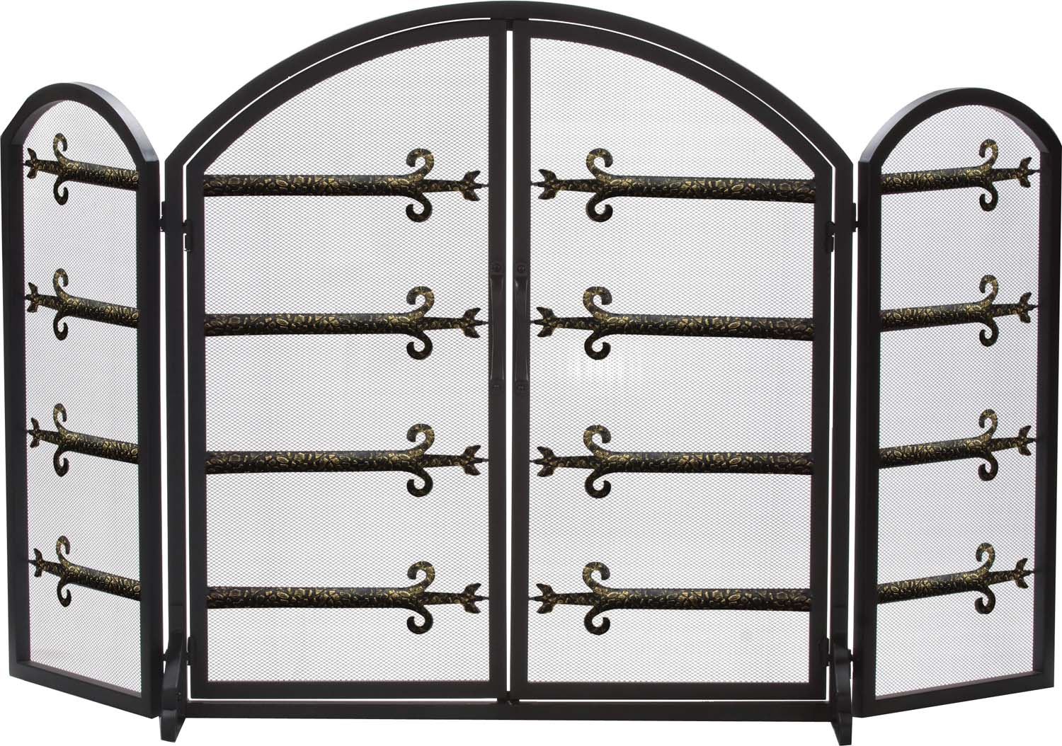 Arched three-fold fireplace screen with black frame and antique gold scrollwork doors