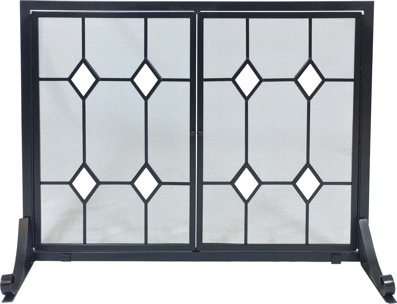 Dagan Wrought Iron Fireplace Screen with Doors with Glass Diamond Design, 44x33.25-Inches
