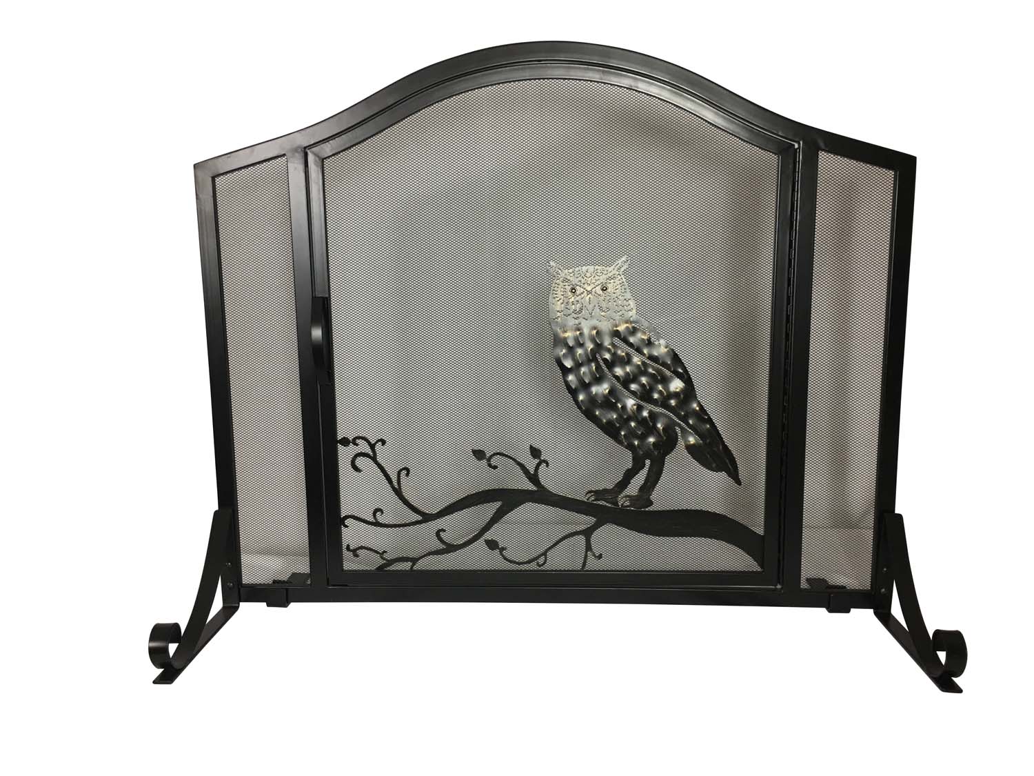 Wrought iron arched fireplace screen with door, owl metalwork on mesh panel.