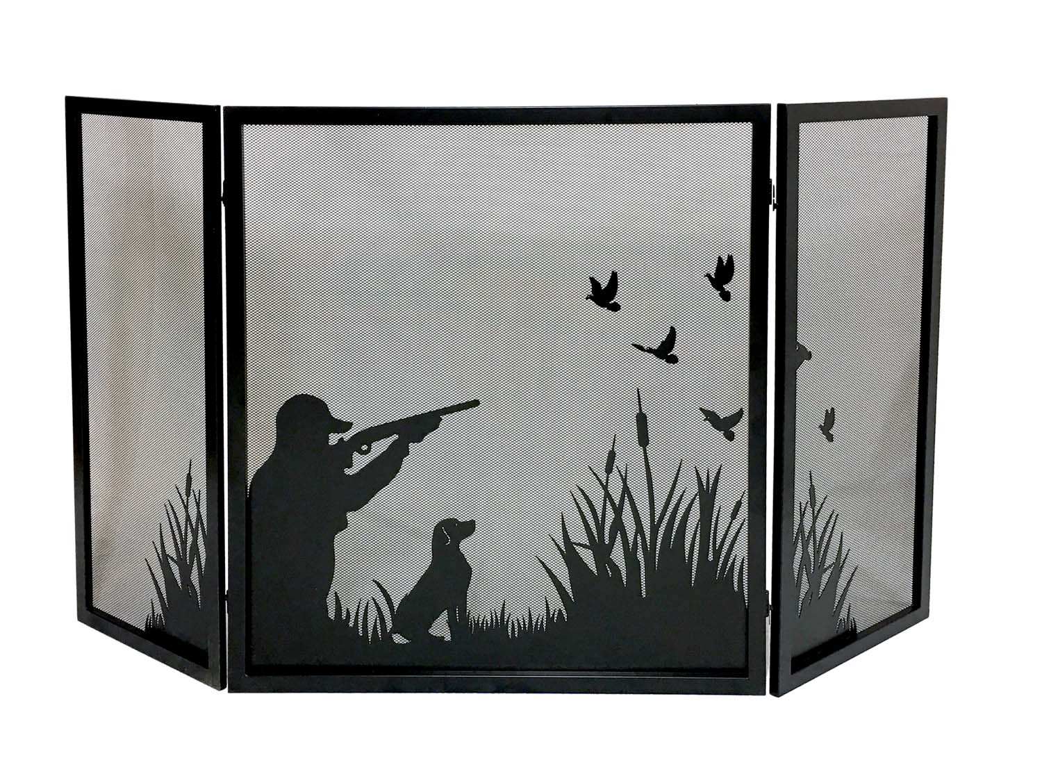 Three-fold fireplace screen with black frame and duck hunting silhouette panels