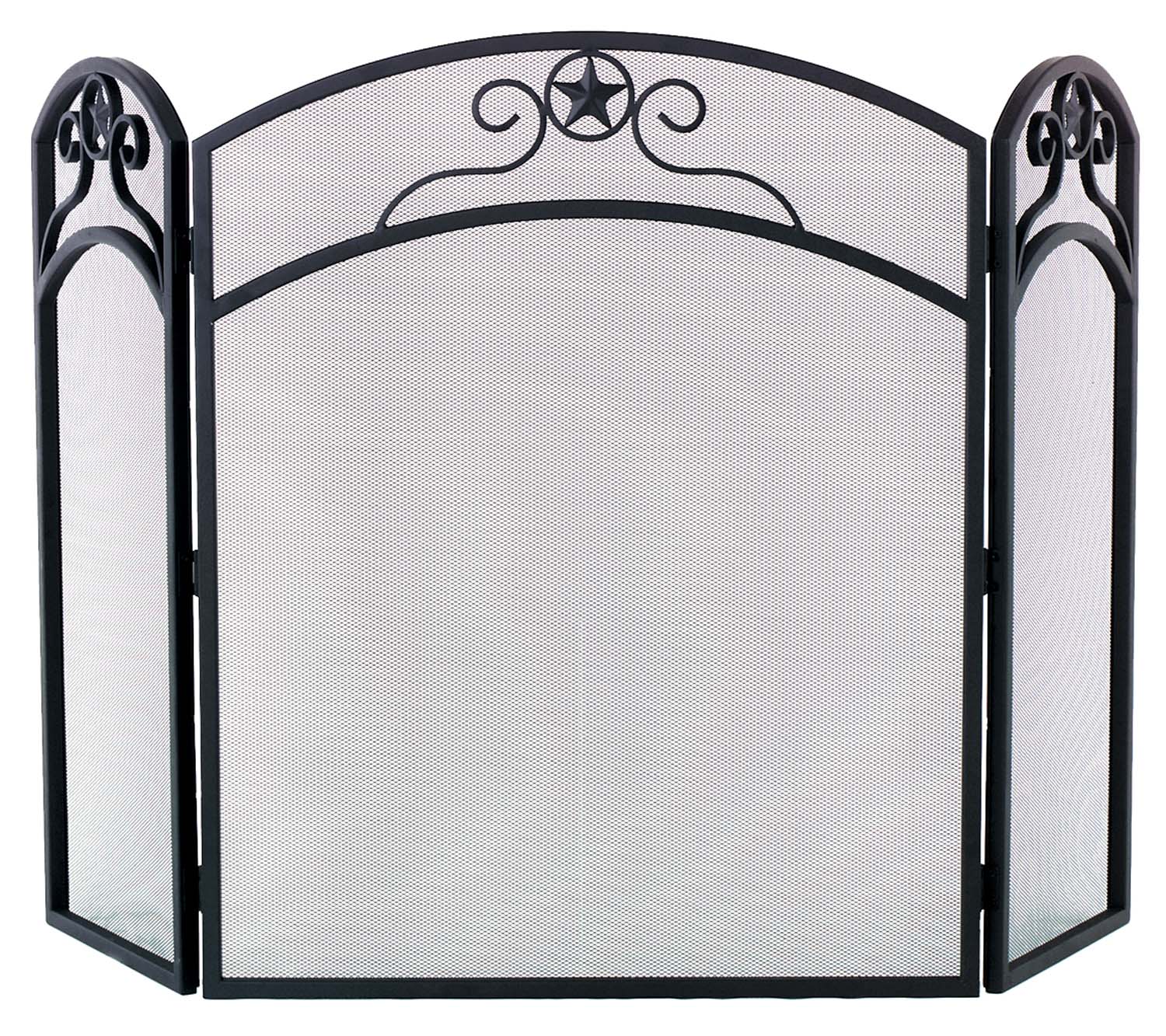 Arched wrought iron fireplace screen with star motif and mesh panels, black