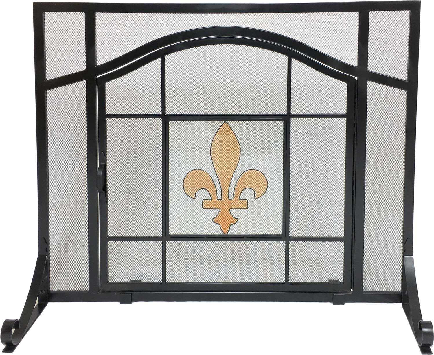 Wrought iron fireplace screen with door and fleur de lis grille, dark finish