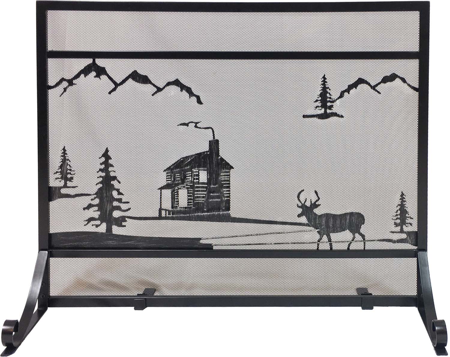 Wrought iron fireplace screen with cabin and deer cutout design, dark frame