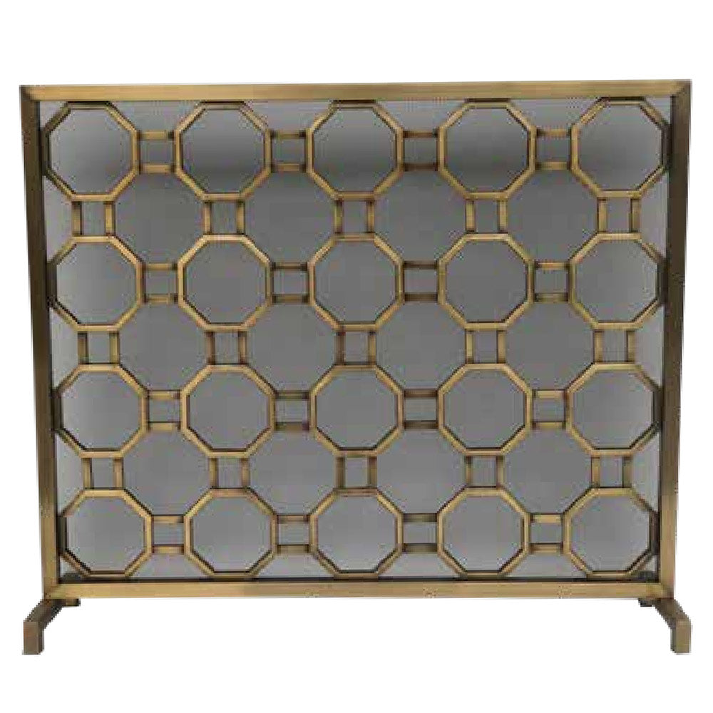 Gold-finish panel screen with hexagon pattern and open frame, 40x34 inches