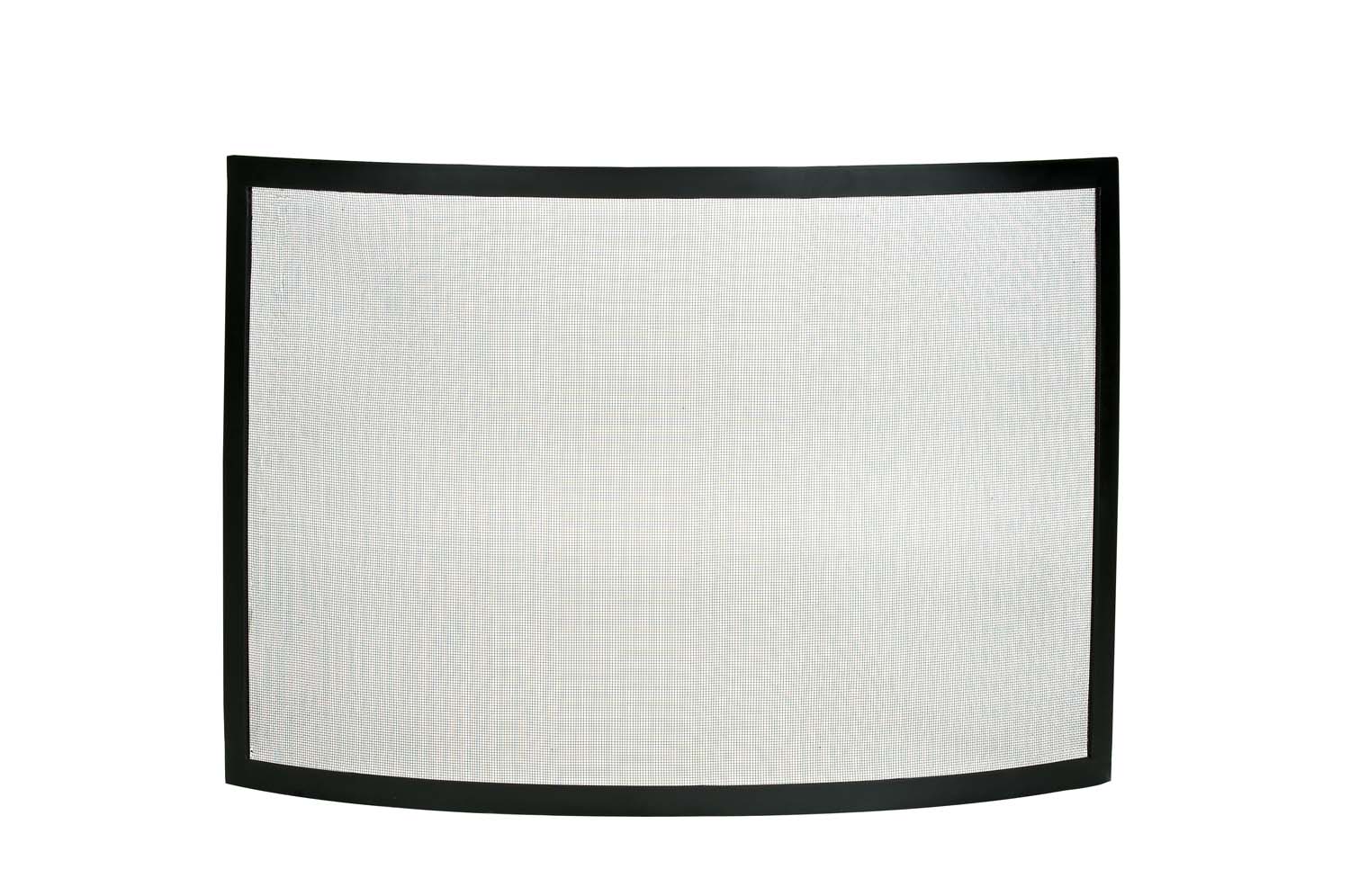 Black fireplace screen with curved metal frame and clear mesh panel