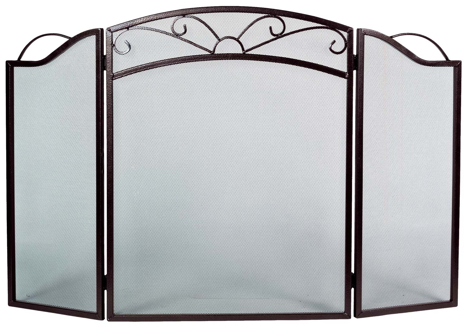 Three-fold arched fireplace screen with bronze frame and mesh panels