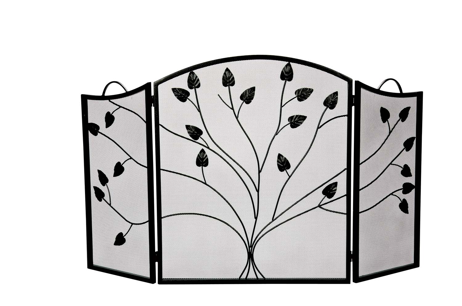 Three-fold arched fireplace screen with black frame and leaf cutout panel design