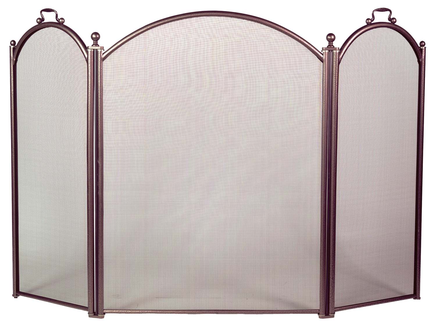 Three-fold arched fireplace screen with bronze frame and mesh panels
