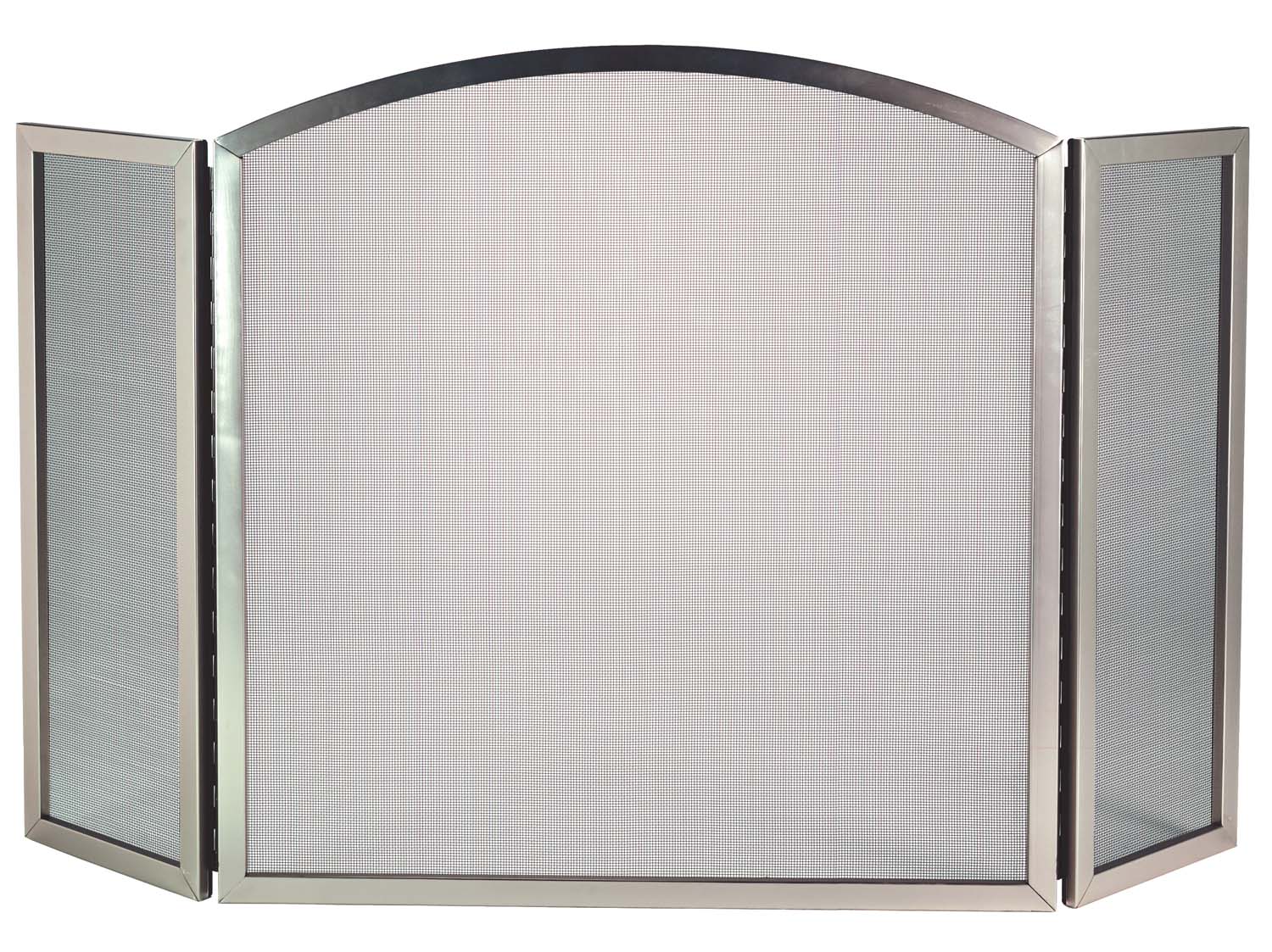 Arched three-fold fireplace screen with satin nickel frame and light gray mesh panels