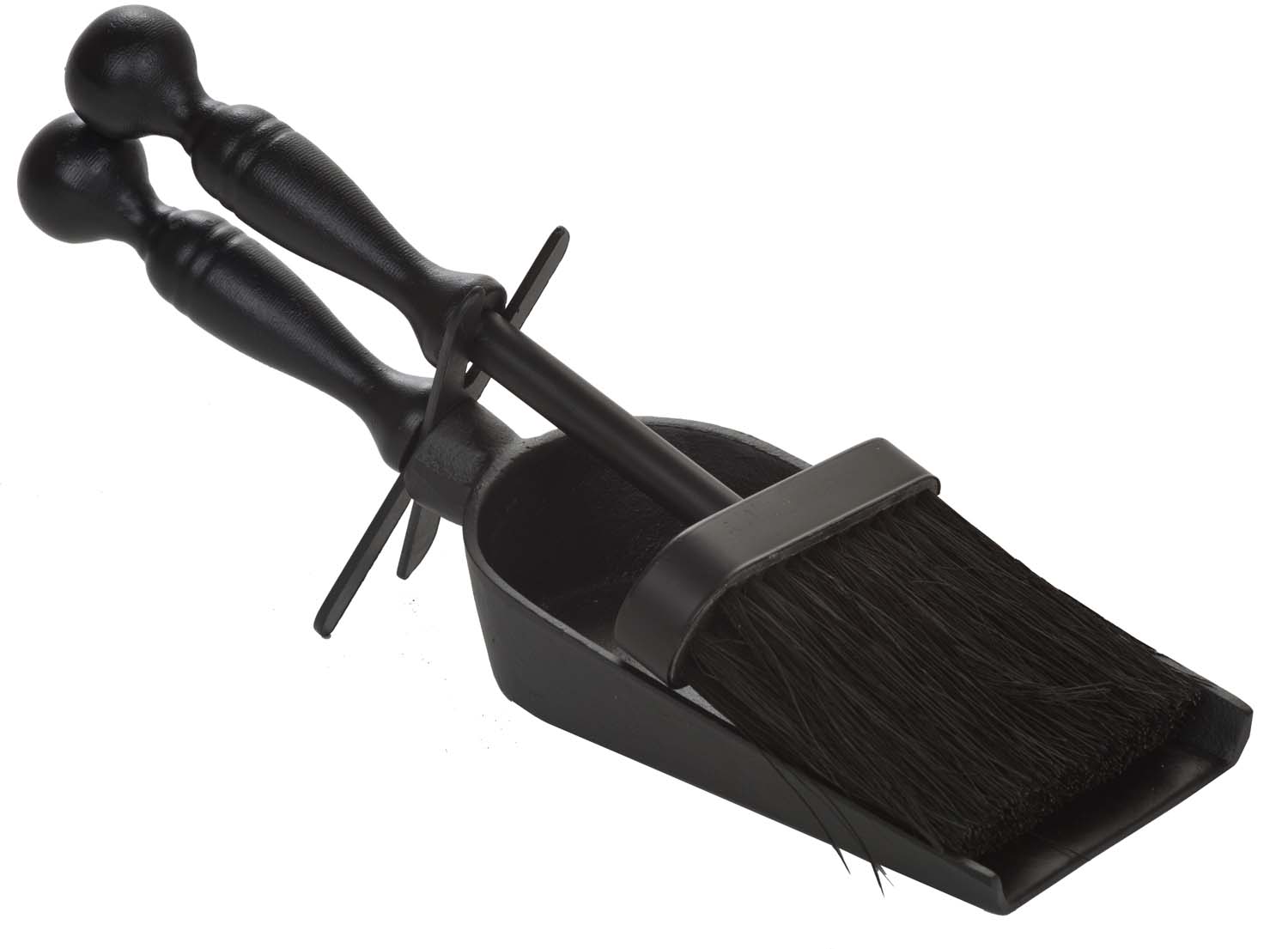 Black ash brush and shovel with long handle and angled bristle scoop