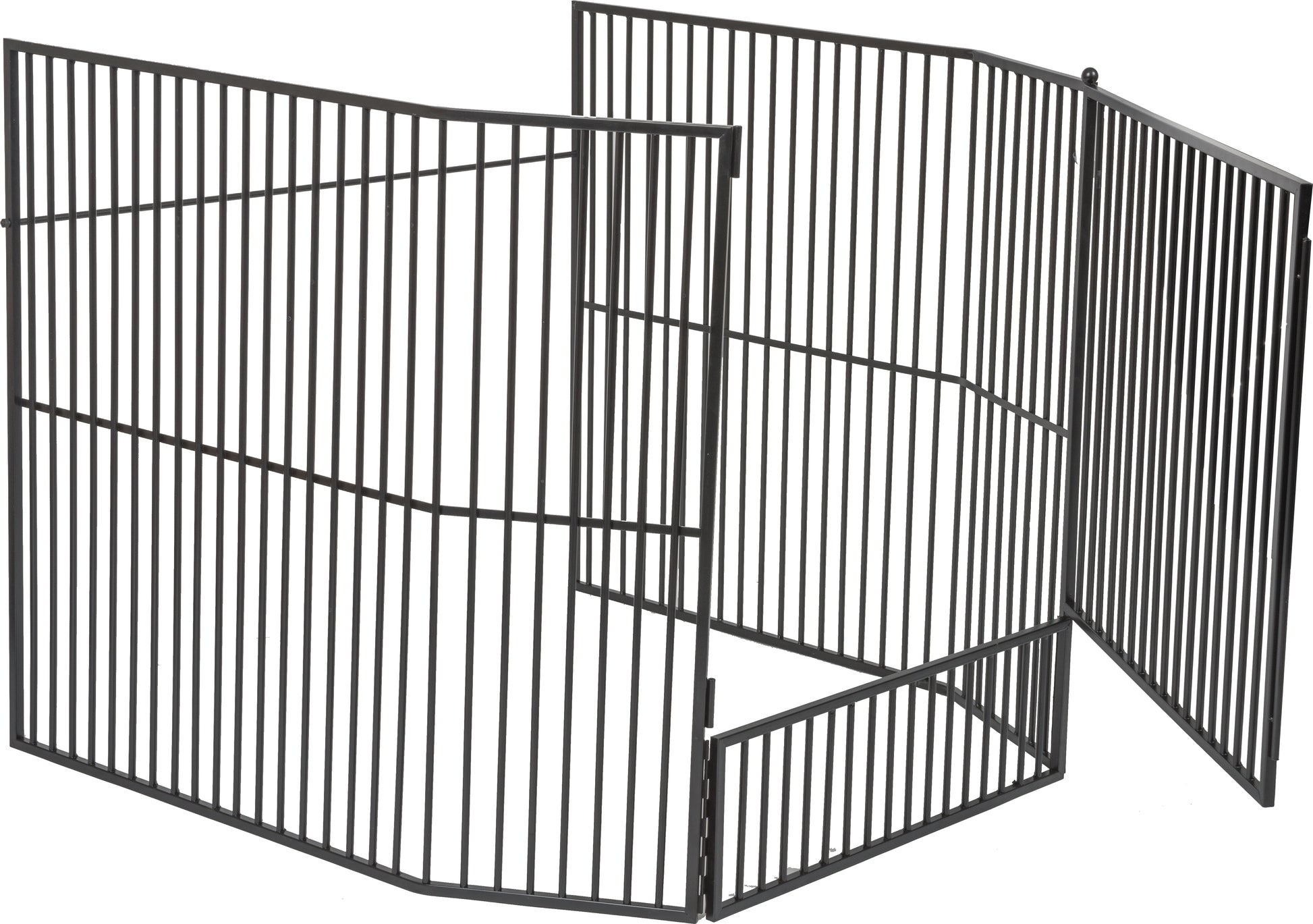 Stove guard screen with hinged door, dark metal mesh panel and open gate