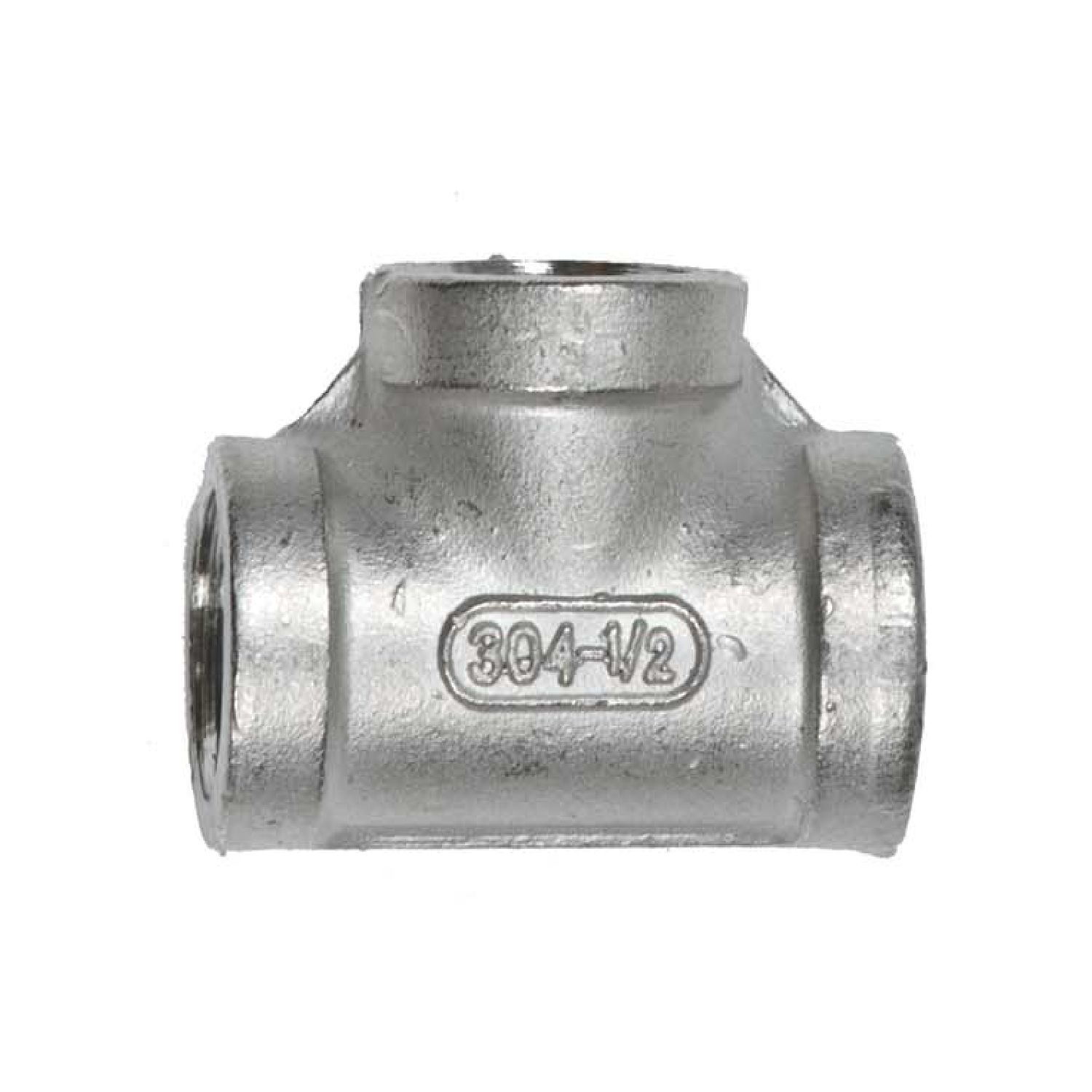 Metal pipe fitting coupling with embossed 304-1/2 mark, threaded ends.