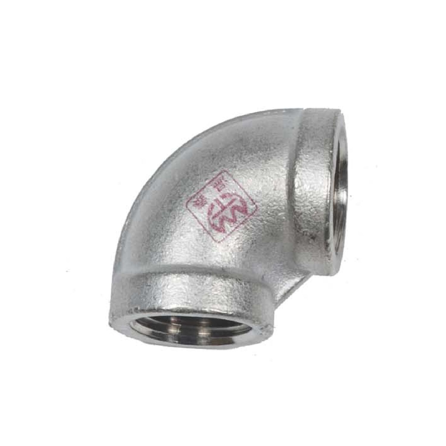 Metal 90-degree elbow fitting with threaded female ends, silver finish
