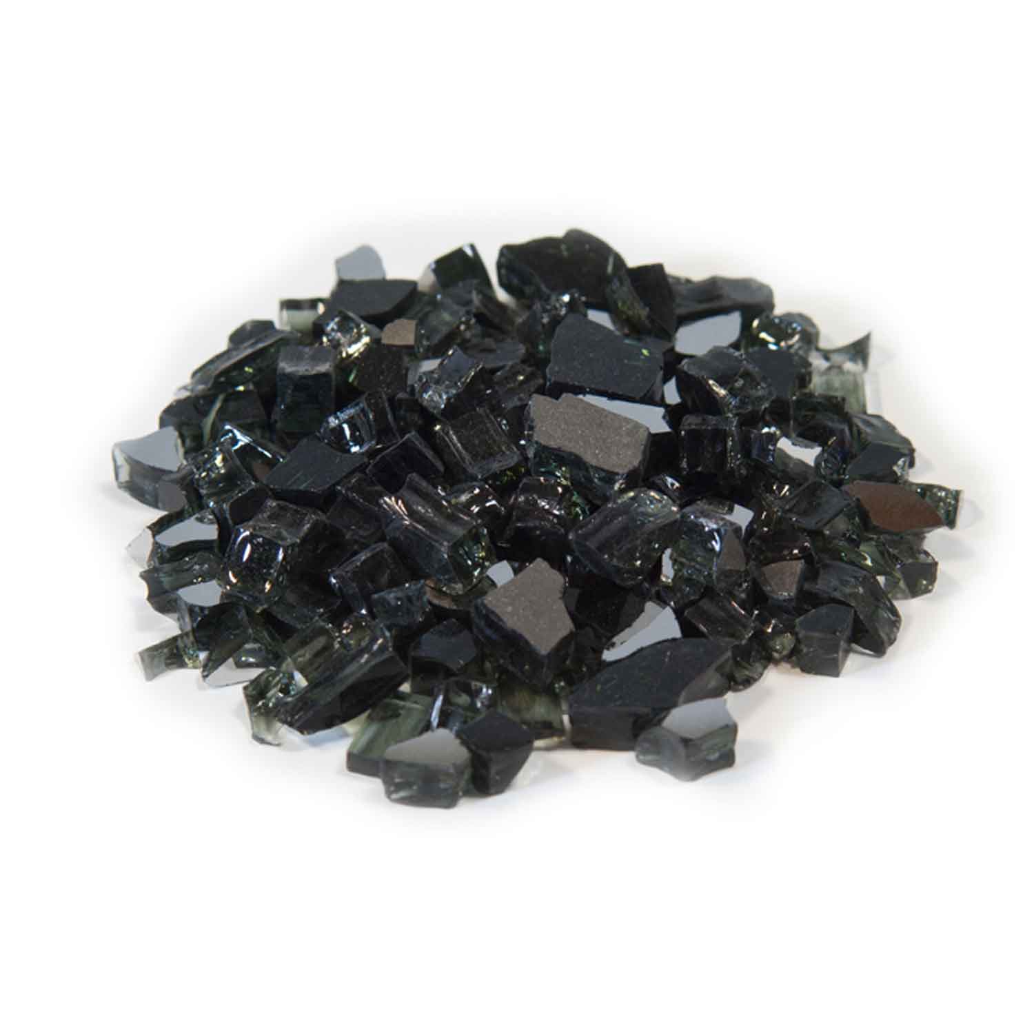 Black reflective fire glass stones, 1/2-inch cut pieces in a loose pile