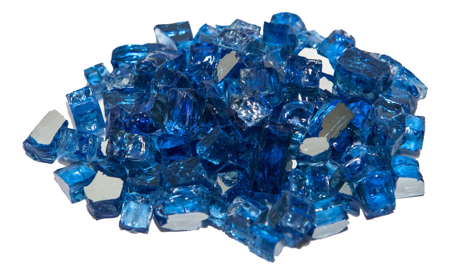 Reflective fire glass stones in diamond Blue, scattered blue glass shards