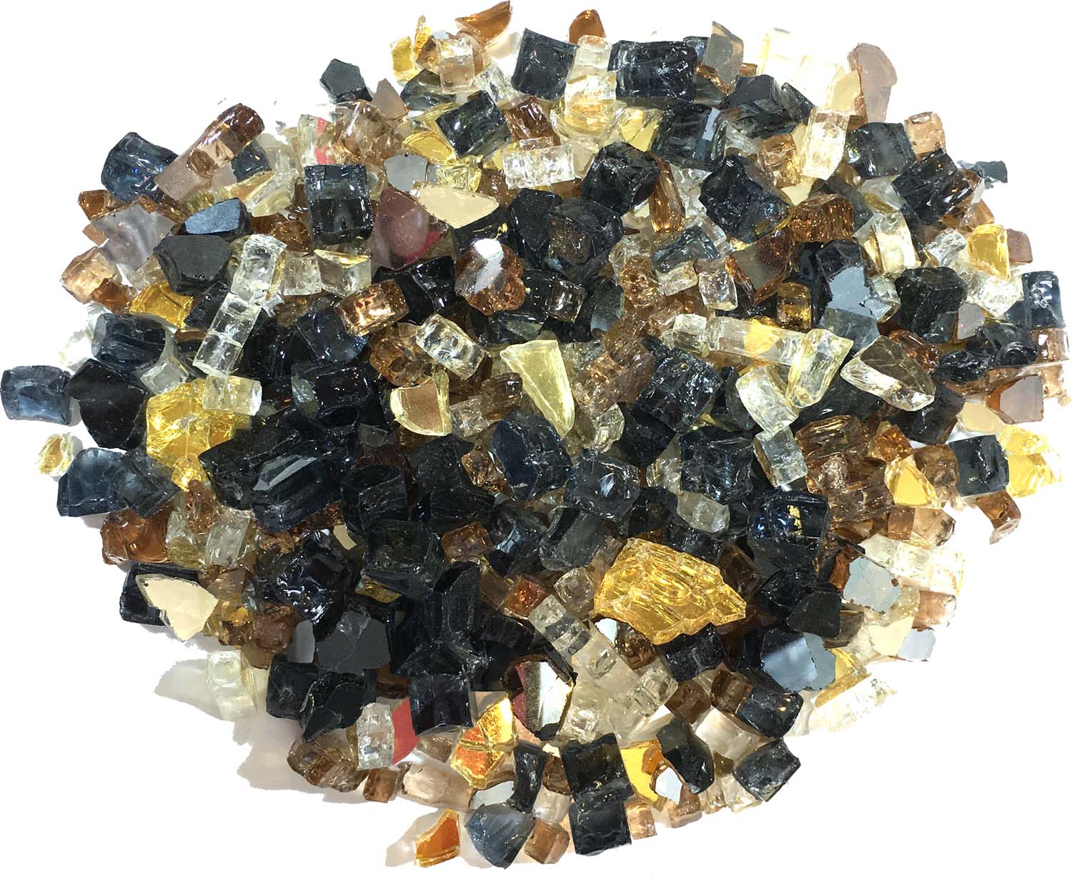Reflective fire glass stones, assorted black, gold, blue, and clear pieces