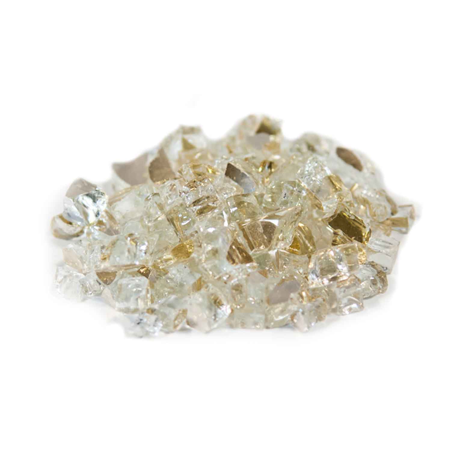 Reflective fire glass, gold and clear 1/4-inch glass granules pile
