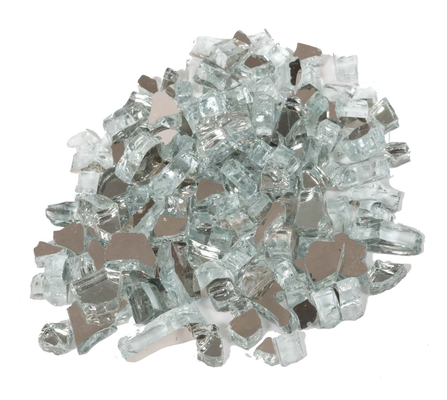 Dagan reflective fire glass, small clear-silver cube pieces, scattered.