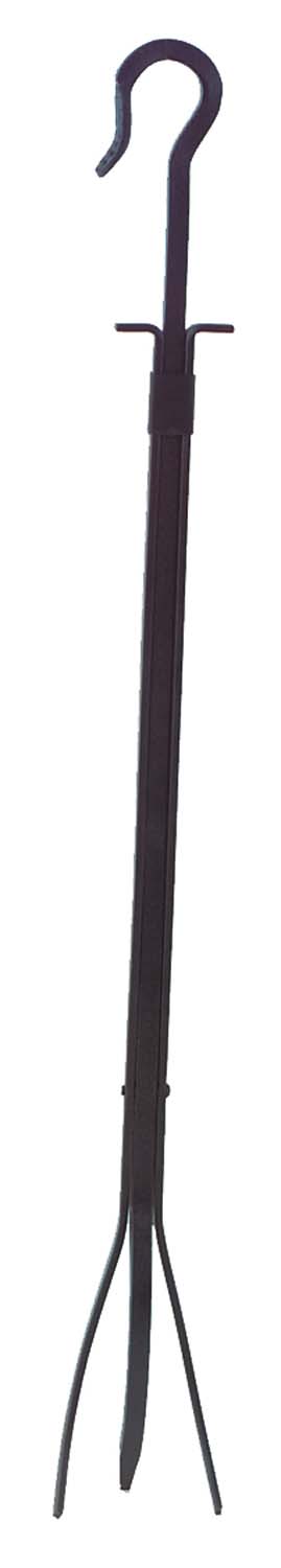 Dark long-handled metal tong with forked ends and hanging loop
