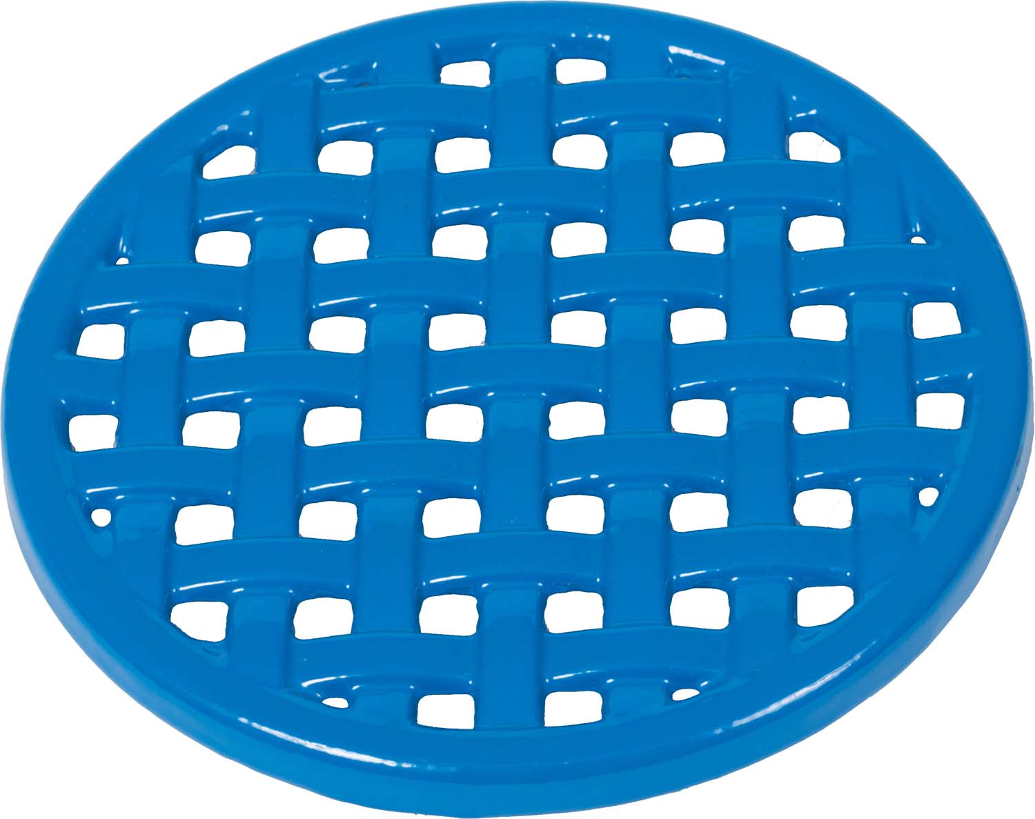 Oval blue plastic trivet with grid cutout holes, 7.25 in.