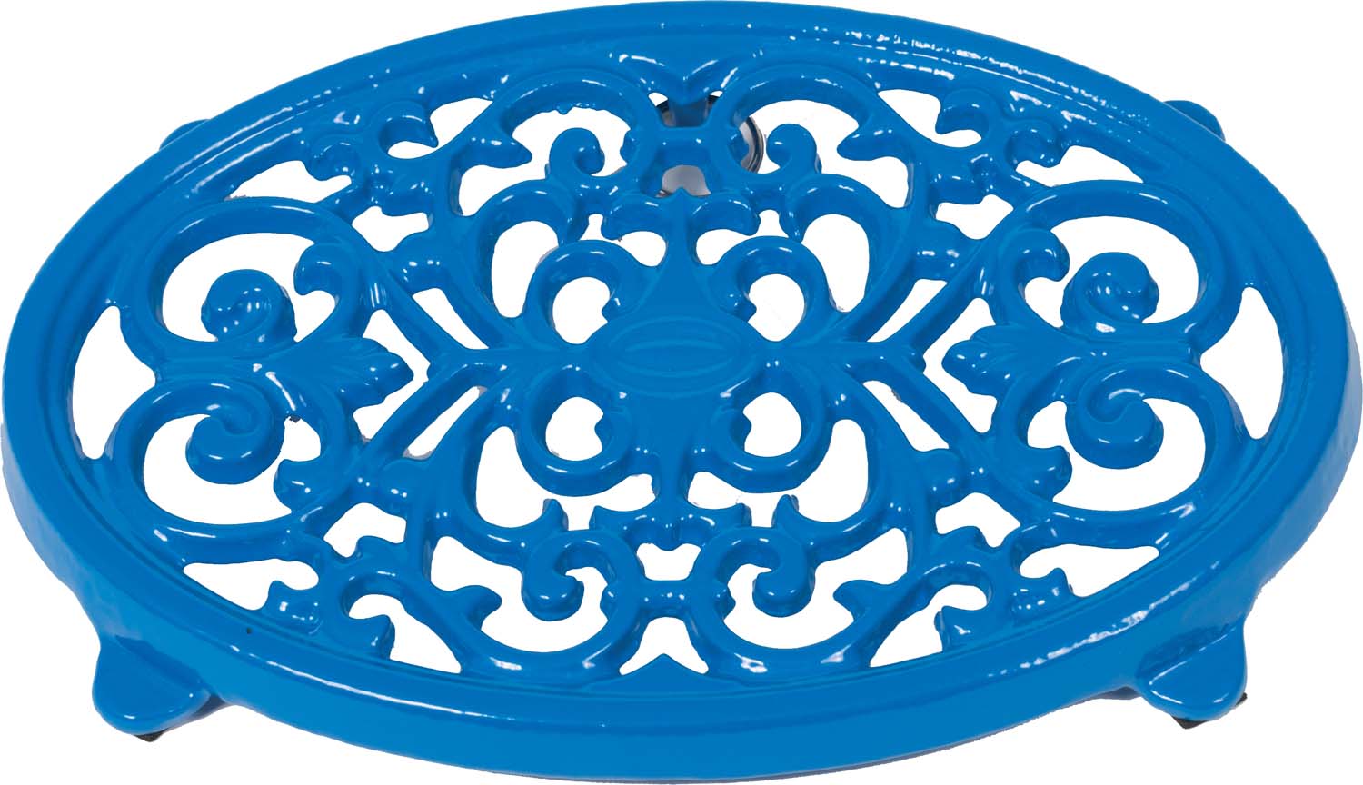 Blue round trivet with ornate cutout pattern and three small feet, 9-inch size