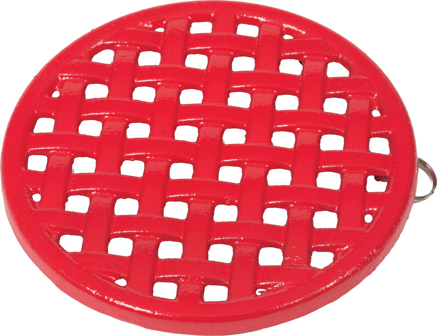 Red round trivet with metal wire grid and hanging ring