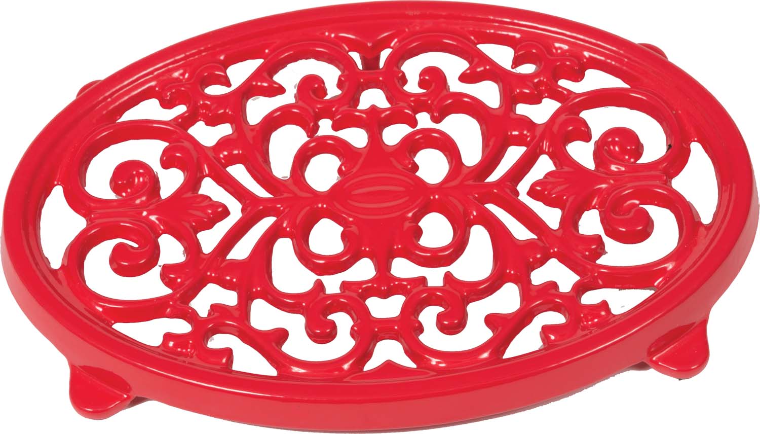 Red oval trivet with ornate cutout pattern and three feet