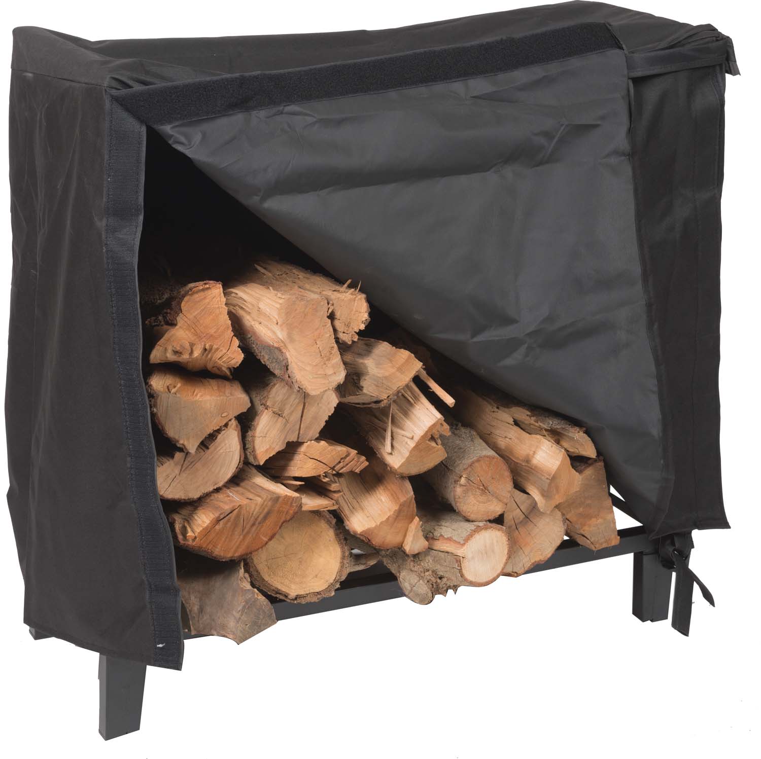 Black log holder cover with open front flap, showing stacked firewood