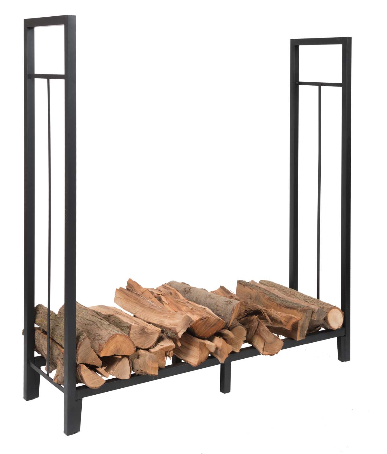 Black metal log holder with rectangular sides and flat base, holding stacked firewood.