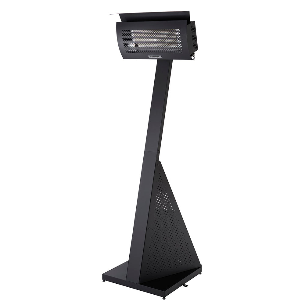 Outdoor portable infrared heater with black floor stand and front radiant grill
