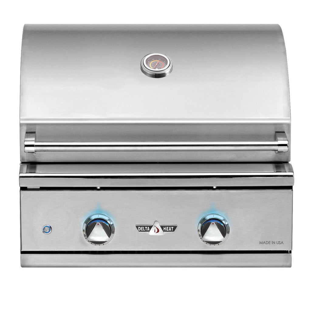 Stainless steel built-in gas grill with lid, control knobs, and thermometer