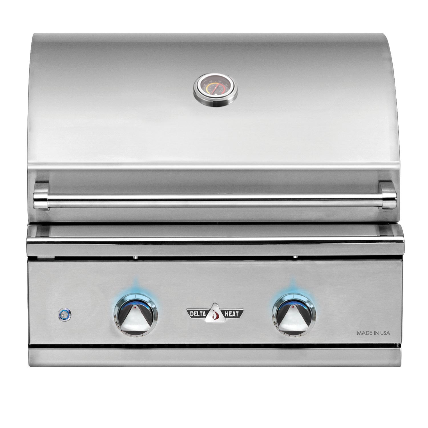 Stainless steel built-in gas grill with lid, control knobs, and thermometer
