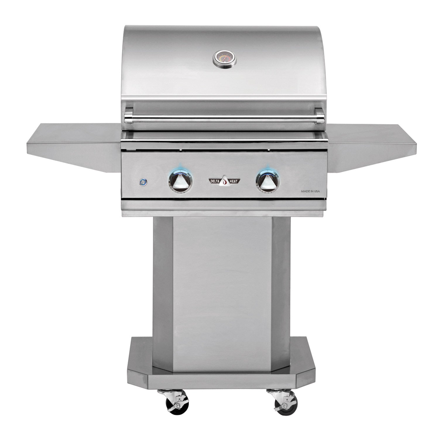 Freestanding stainless steel gas grill with lid, side shelves, and control knobs on pedestal