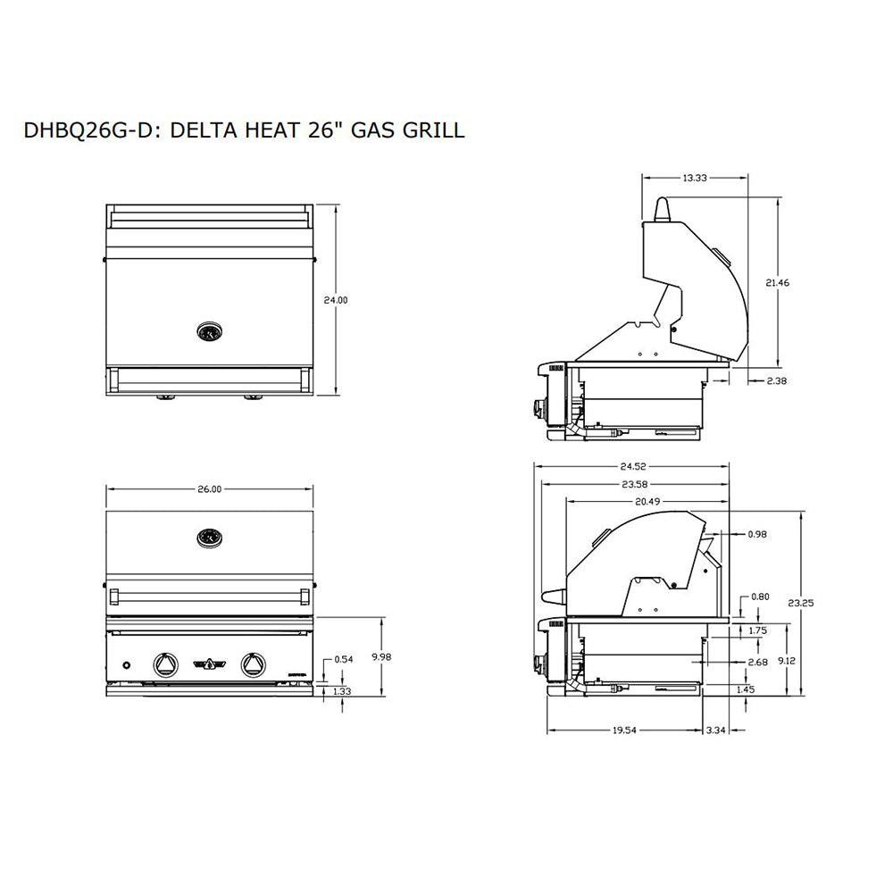 Delta Heat 26 in gas grill dimensions technical line drawing with measurements