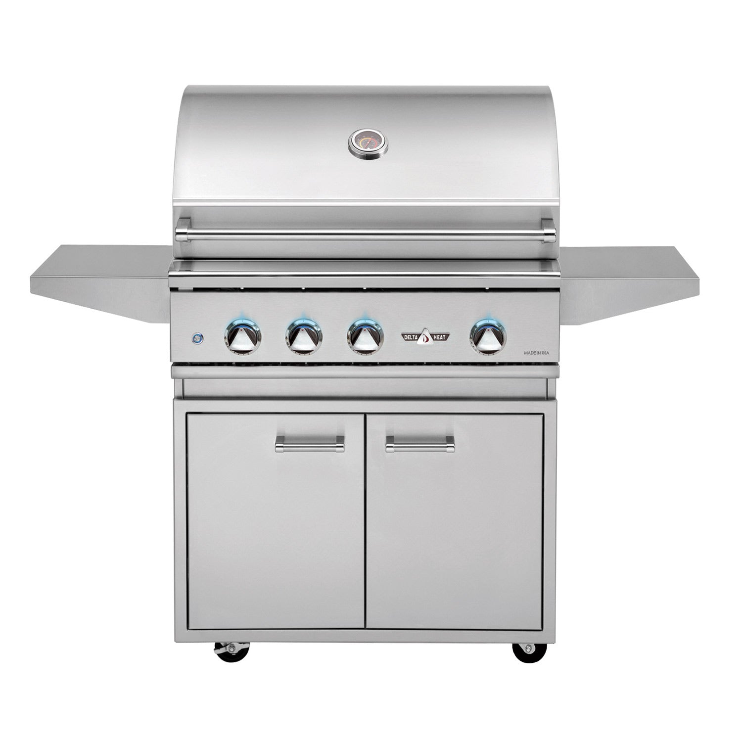 Stainless steel freestanding gas grill with cabinet doors and burner control knobs