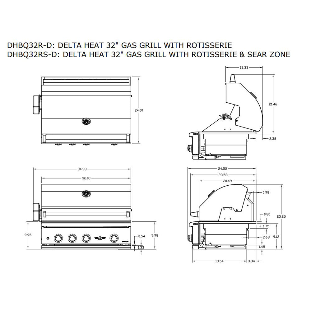 Delta Heat 32-inch gas grill rotisserie technical dimensions diagram