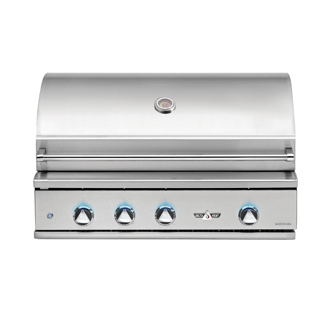 Built-in gas grill with stainless lid, five front control knobs and ignition button.
